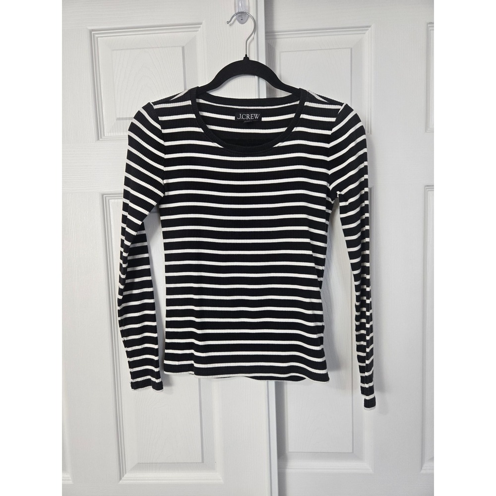 J.Crewβ Womens XS Black White Striped Ribbed Knit Scoop Neck Long Sleeve Top